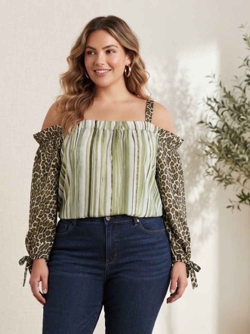 Take 50% OFF-Cato Striped Green Cold-Shoulder Top with Leopard Sleeves,Sz-18/20W